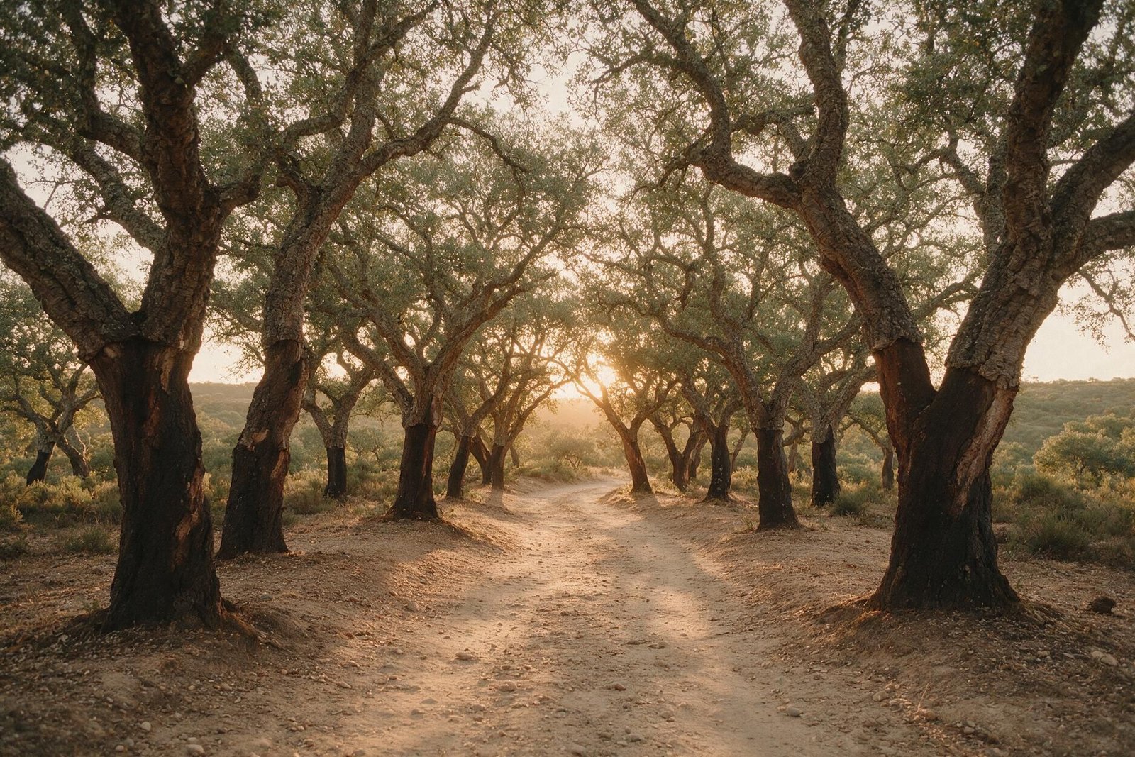 Caminho de terra entre sobreiros ao fim da tarde, em luz dourada
