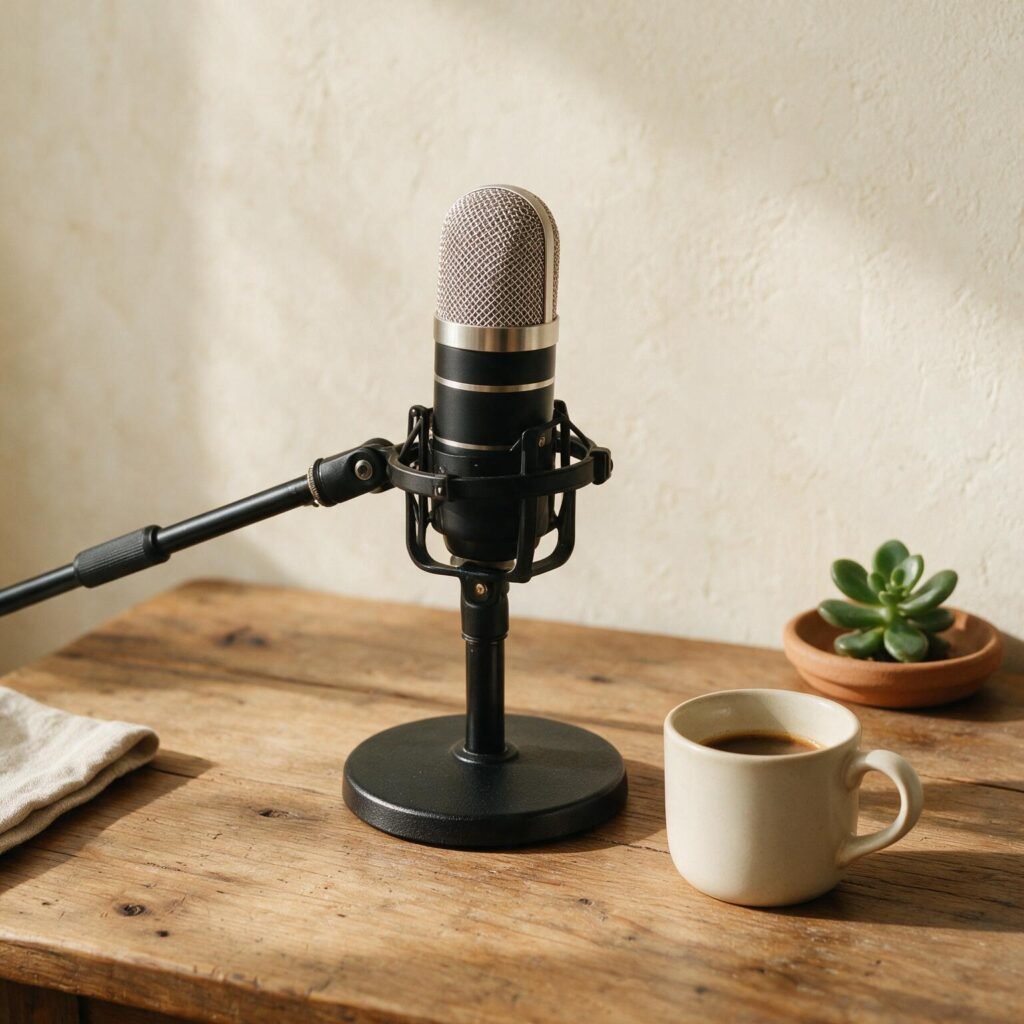 Microfone de estúdio em cima de uma mesa de madeira, em tons quentes